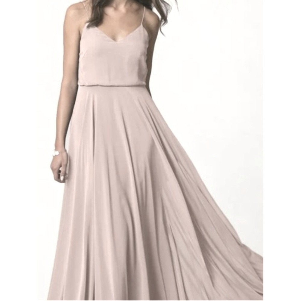 Jenny Yoo Maxi formal beige airy soft VNeck Spaghetti Strap 12 special occasion